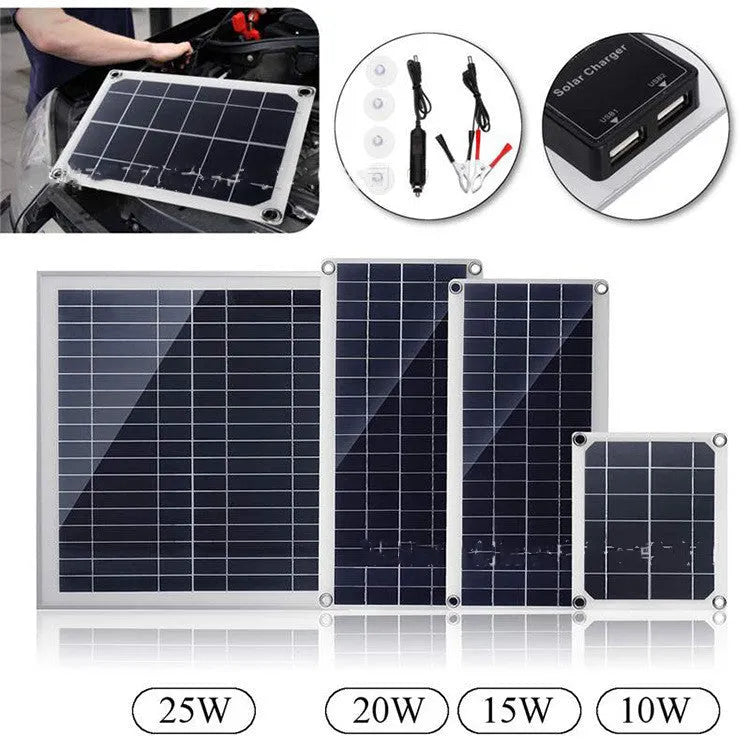 Polysilicon solar charging panel with dual USB ports for outdoor use.