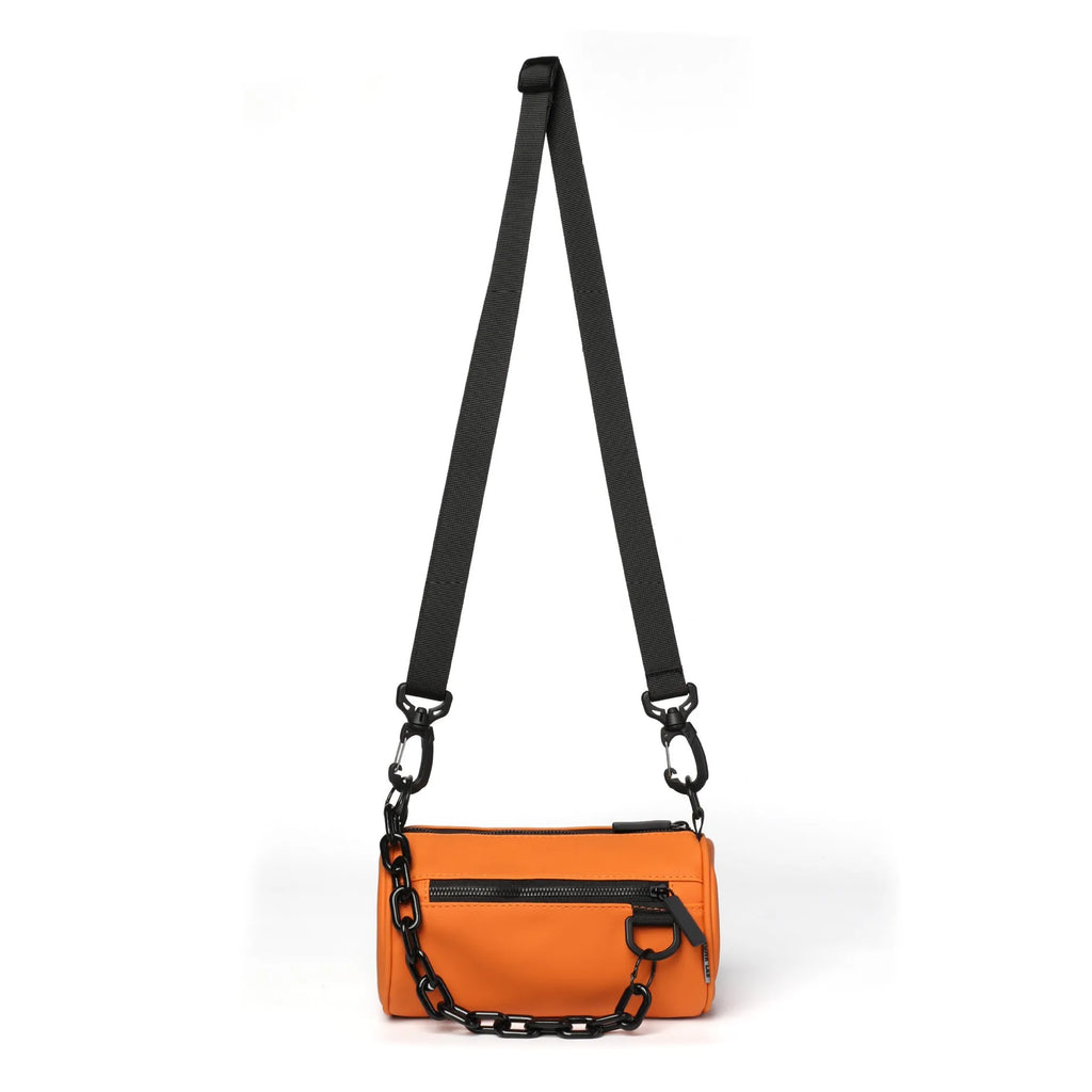 Black casual Oxford cloth messenger bag with a chain strap, shown closed.