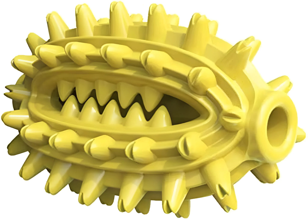 Green cactus-shaped dog toothbrush toy with textured bumps and a central treat channel on a white background.