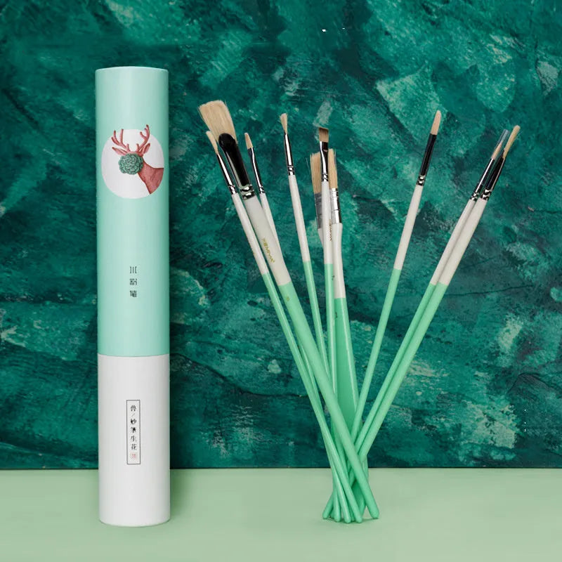 Acrylic gouache art set with fan brushes, wide brush, eyeliner brush, corner brush, chalk, and paint.