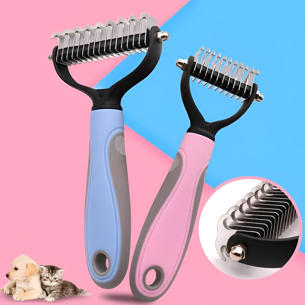Double-sided pet fur knot cutter grooming comb with stainless steel teeth and colourful handle