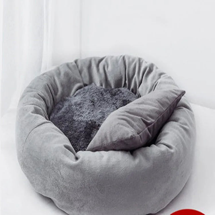 Soft grey and pink PP cotton filled dog beds in different sizes, some with an attached pillow.