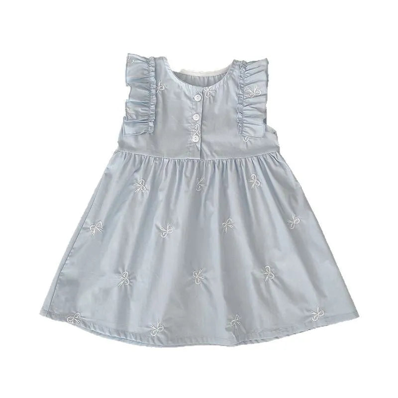 Children's cotton bowknot embroidered sleeveless dress in pink with A-line skirt