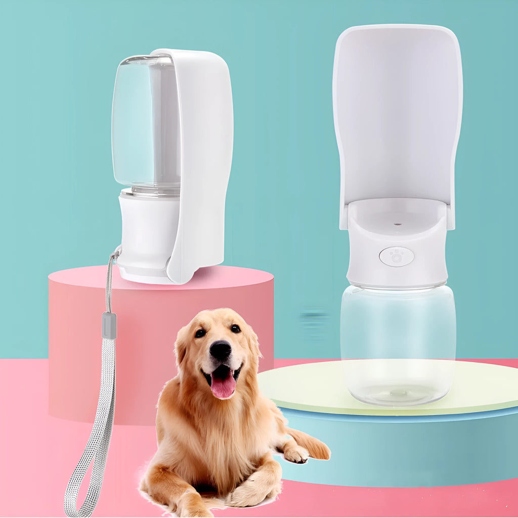 Foldable dog water bottle dispenser in blue, pink, and white colour options showing 350ml and 550ml capacities