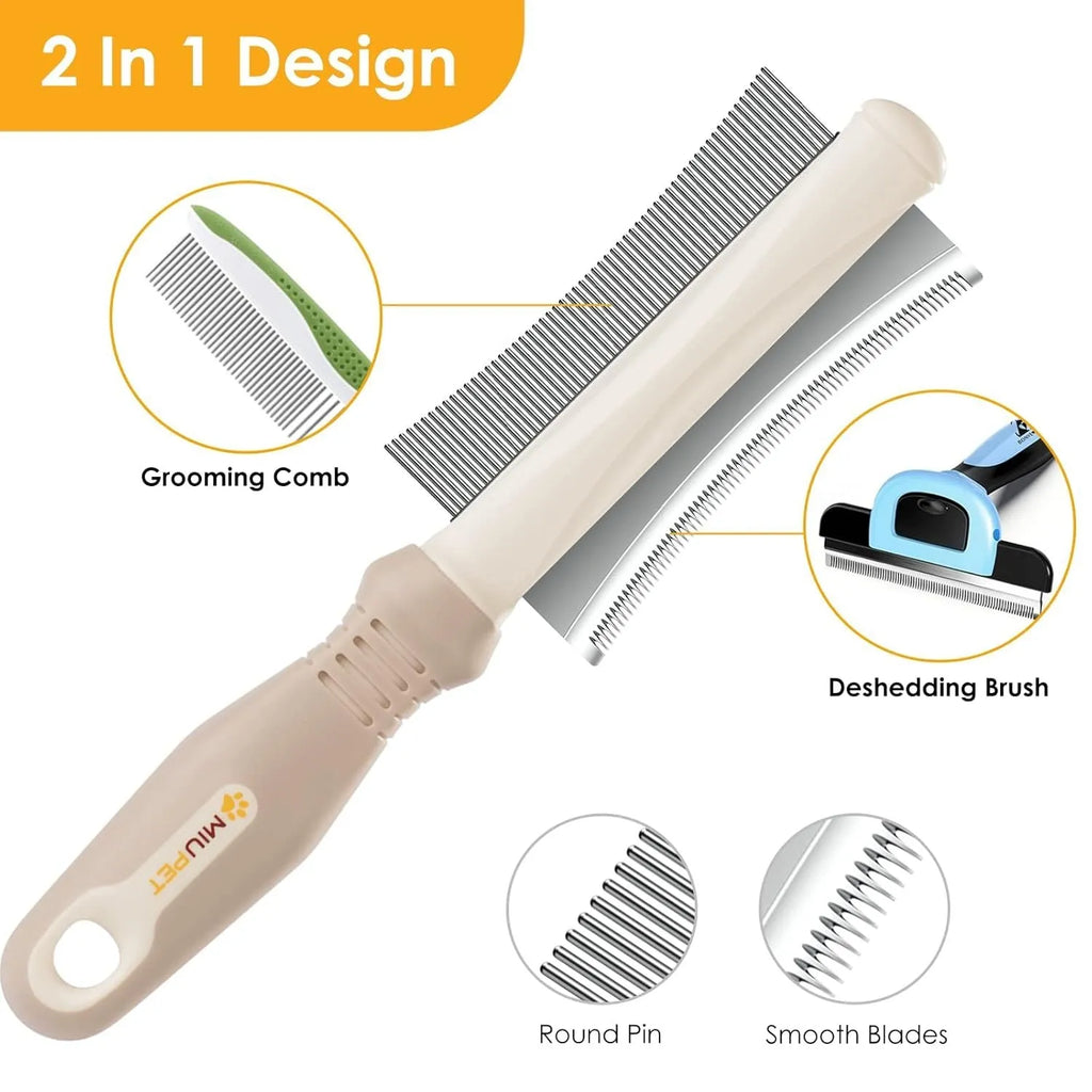 White 2 in 1 dog and cat deshedding brush with double-sided grooming comb and ergonomic handle.