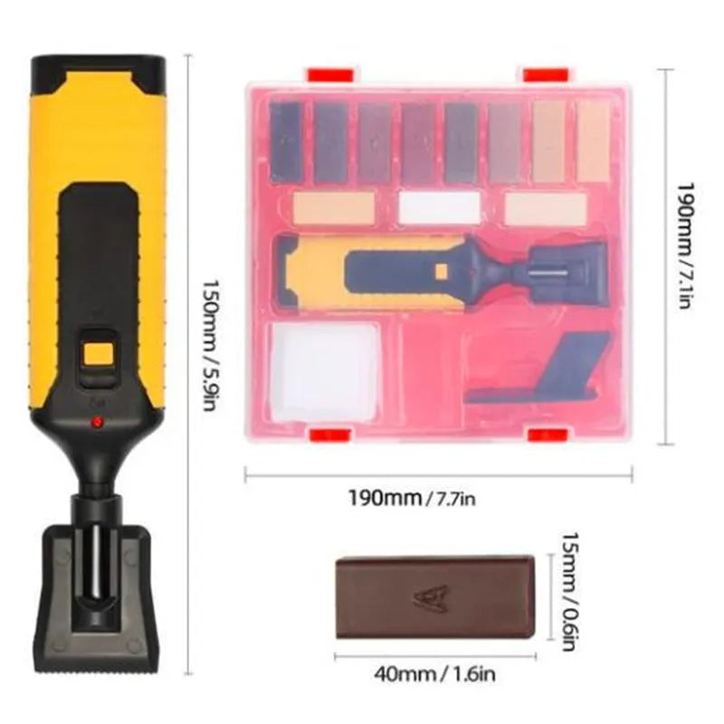 Red and yellow handle floor repair tool with wax colour sticks for DIY tile restoration