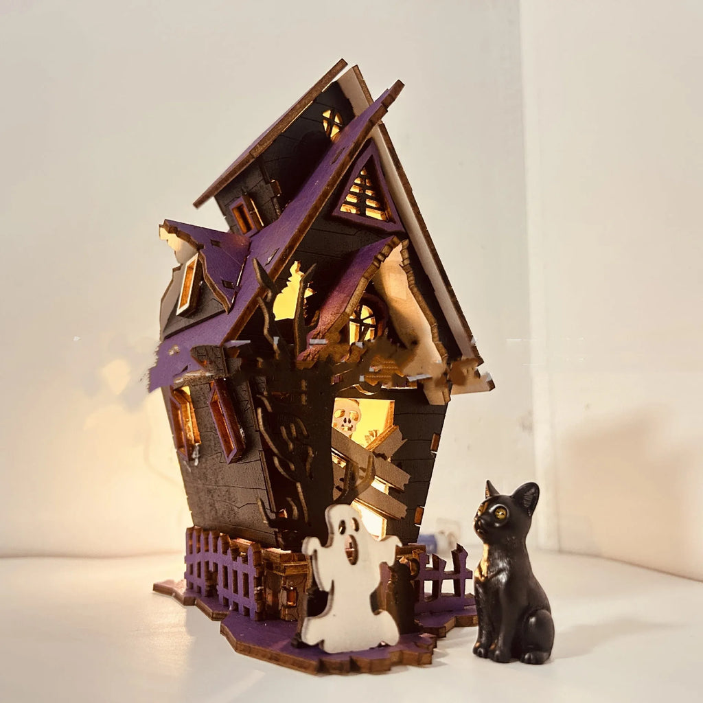 Wooden Halloween haunted house table decoration with candlestick design measuring 14x10.5x19cm