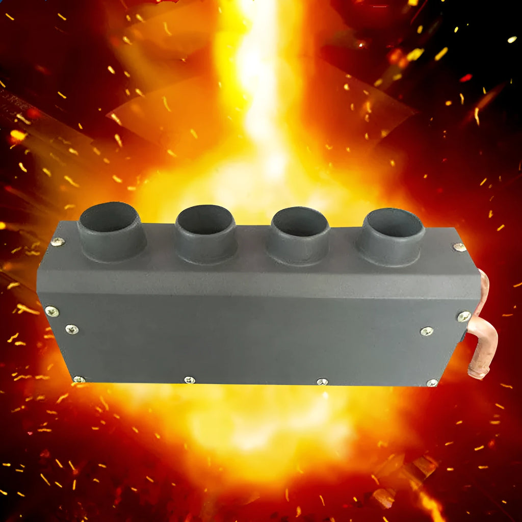 Compact metal car heater with four copper pipe connections for small vehicle engine waste heat system