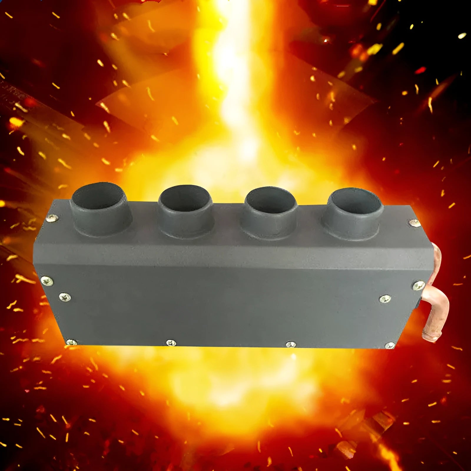 Compact metal car heater with four copper pipe connections for small vehicle engine waste heat system