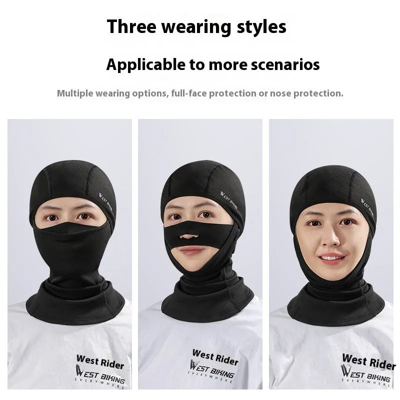Winter polar fleece face mask in free size, unisex, shown in black, black and gray, and green colour options.
