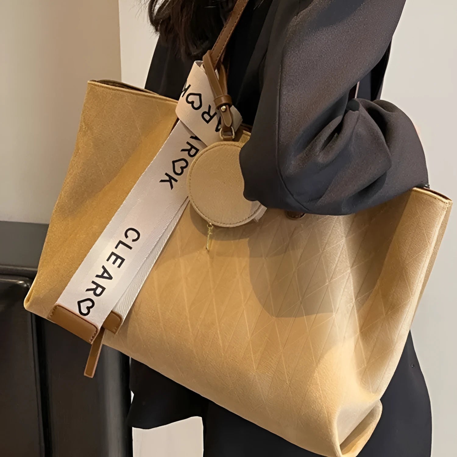 Women's large soft polyester shoulder tote with sandwich pocket in light khaki colour