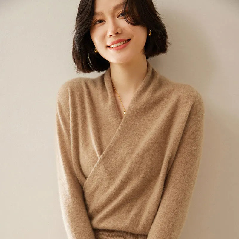 Women's solid colour V-neck cashmere sweater top with hooded style and long sleeves in Soft Cloud White