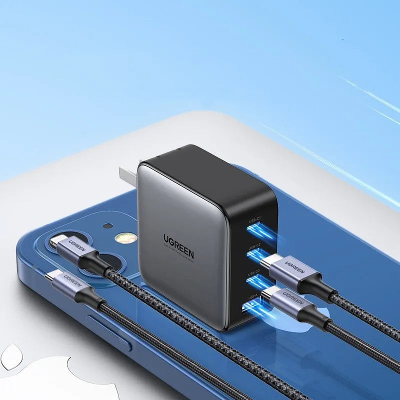 100W gallium nitride multi-port USB charger with compact dimensions