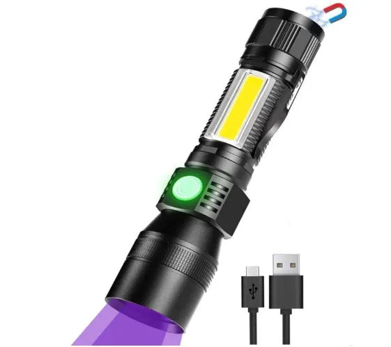Outdoor mini zoom flashlight with adjustable focal length and black aluminium alloy body on a dark background