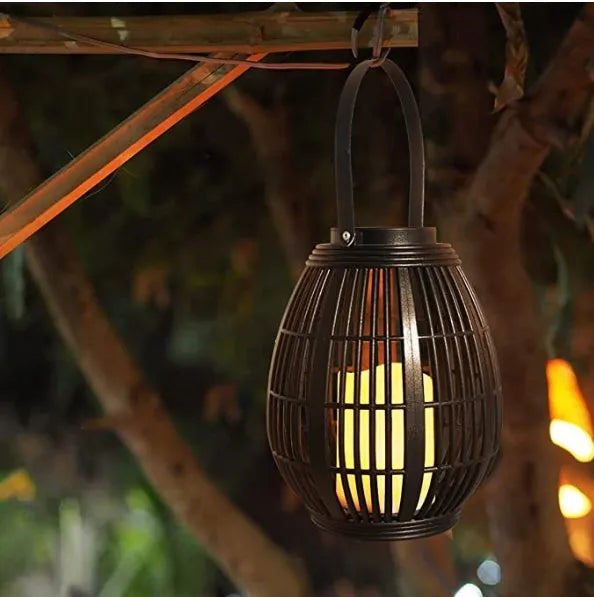 Solar retro patio rattan garden light with oval design and LED illumination