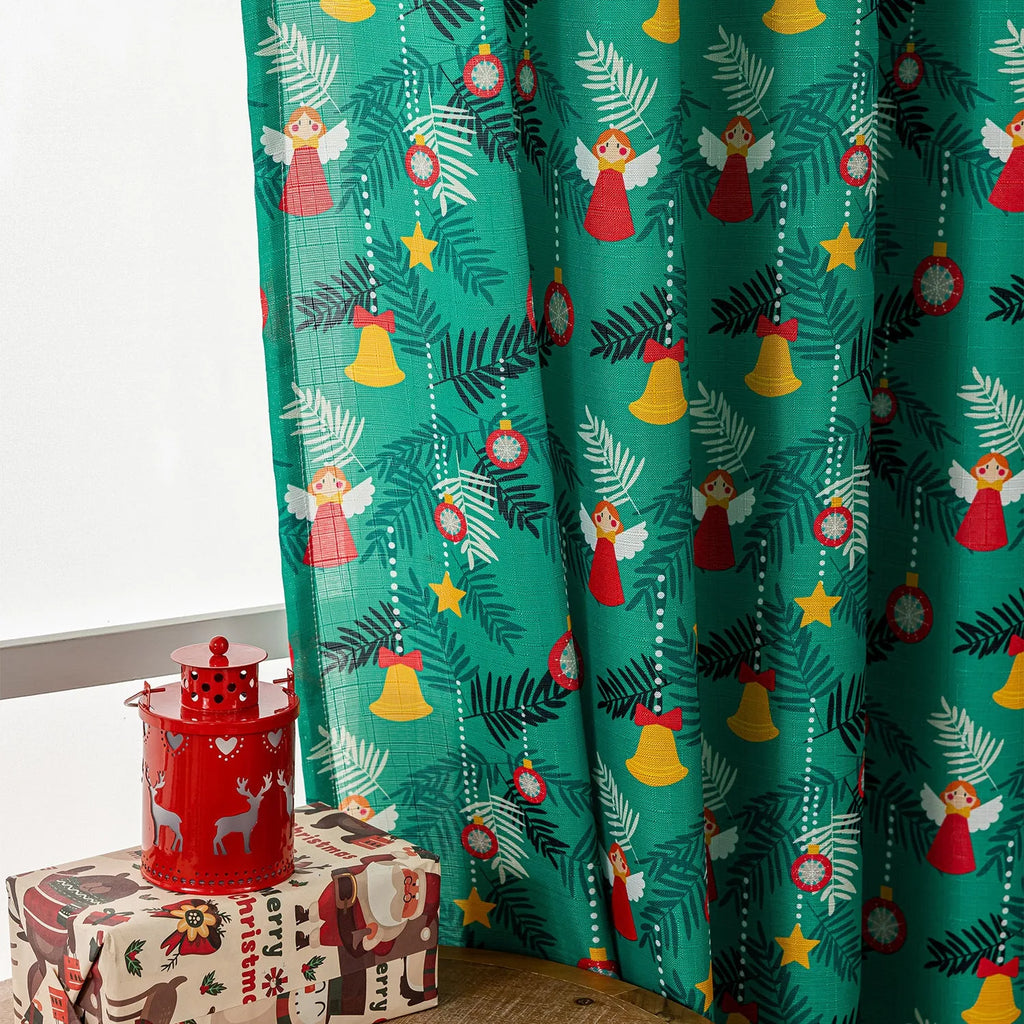 Christmas curtain with snowman angel cartoon print in green or red, 1 metre length