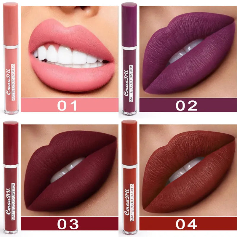 Package containing ten sticks of women's matte non-stick cup lipstick in assorted shades.