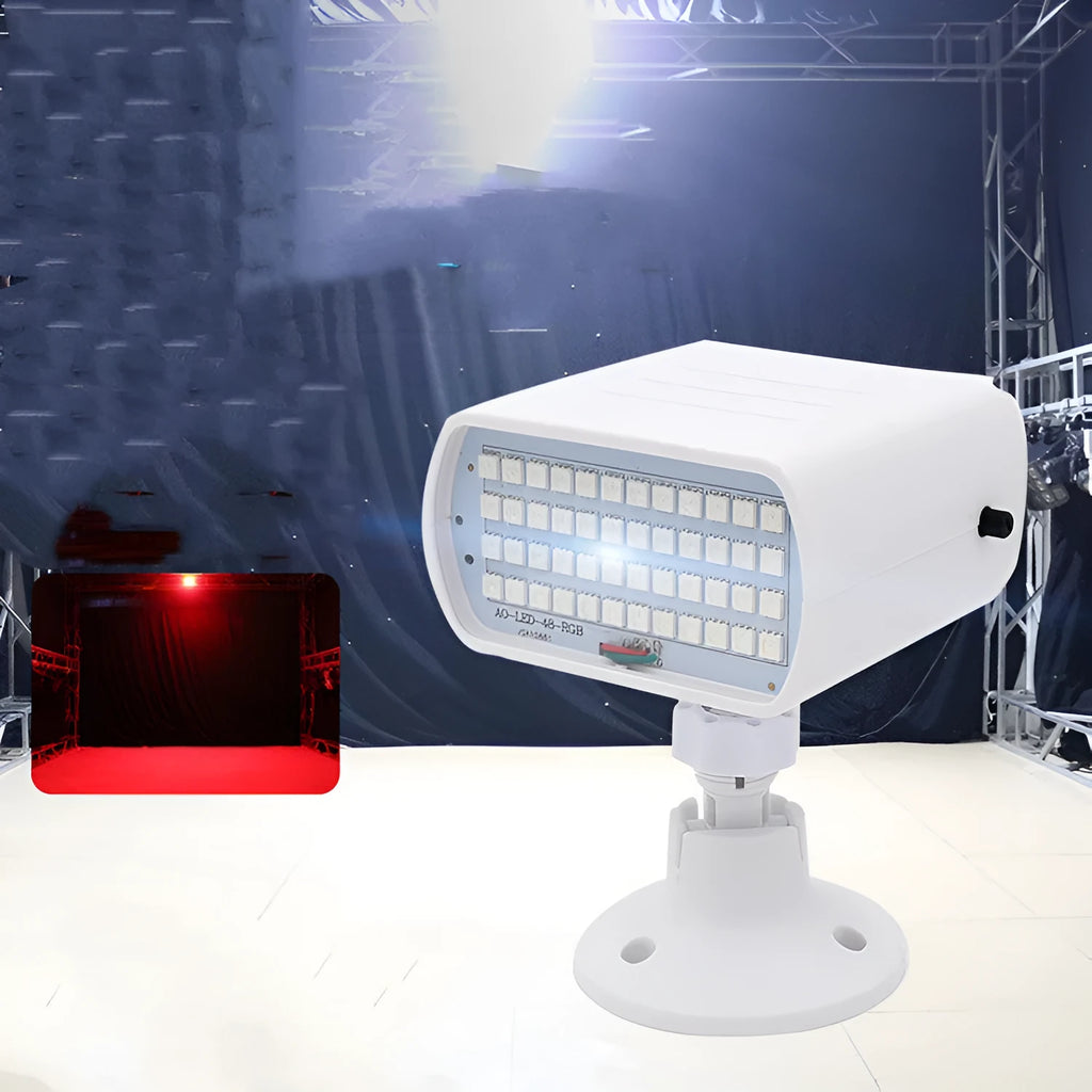 48-LED sound control stage strobe light unit showing white and colourful flash modes.