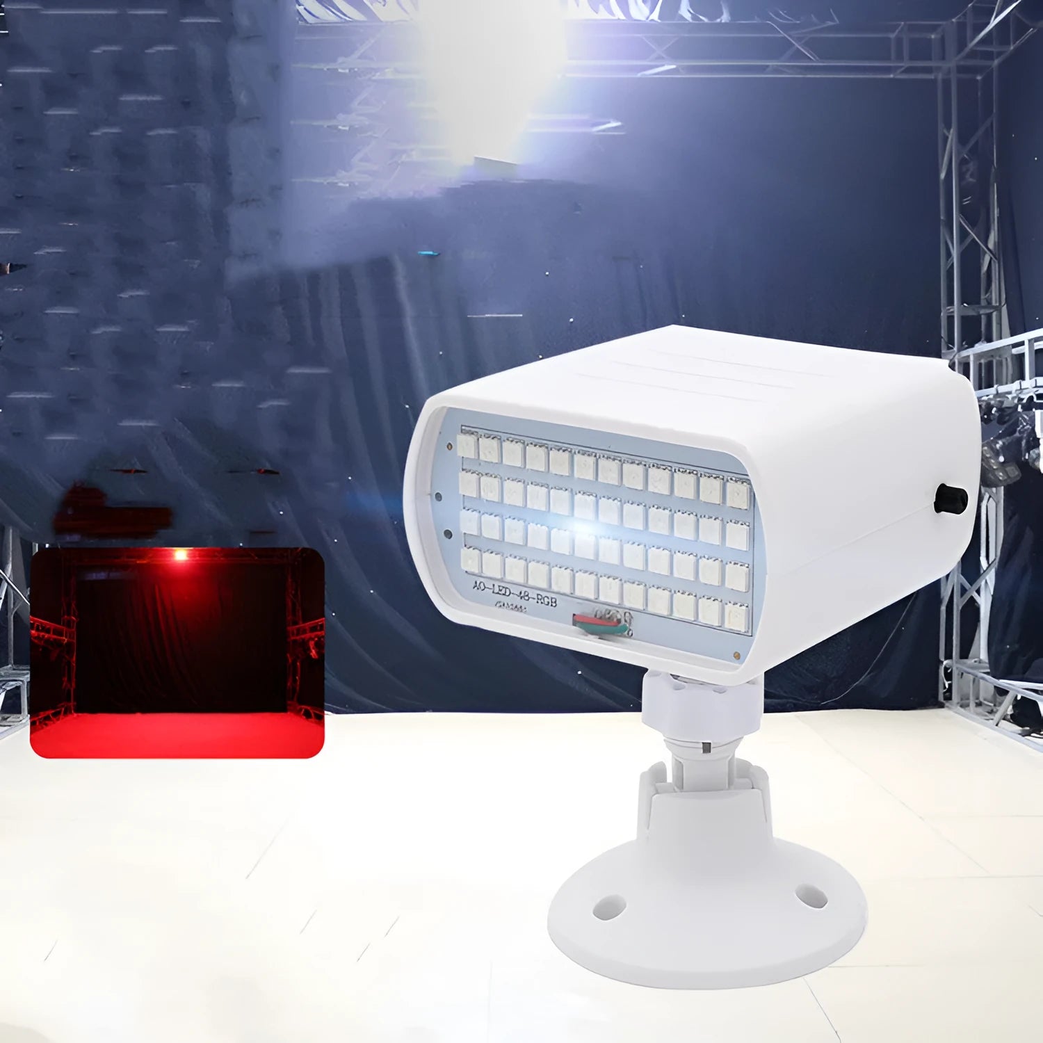 48-LED sound control stage strobe light unit showing white and colourful flash modes.
