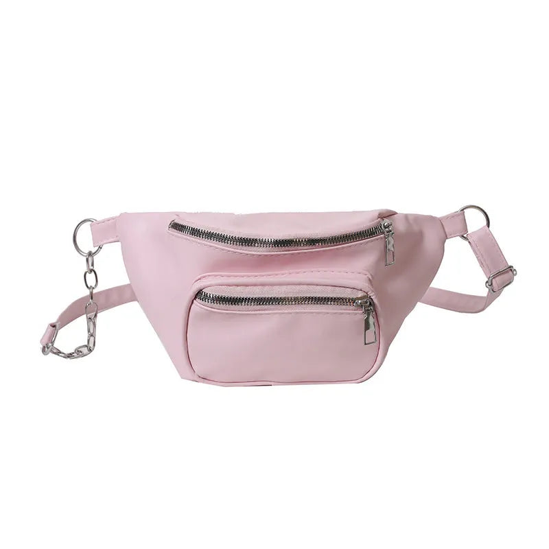 Women's soft PU leather shoulder bag with chain detail in black against a plain background