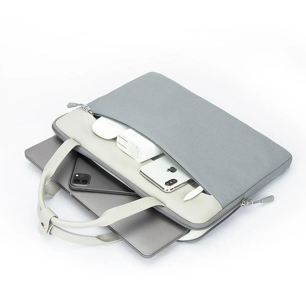 14.2 inch polyester laptop sleeve with soft handle and zipper pocket in light gray, green or orange