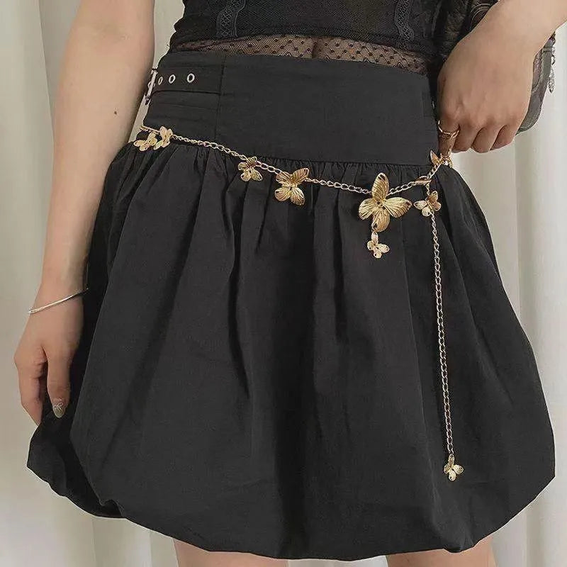 Gold and silver butterfly waist chain belt for women, showing alloy construction and length.