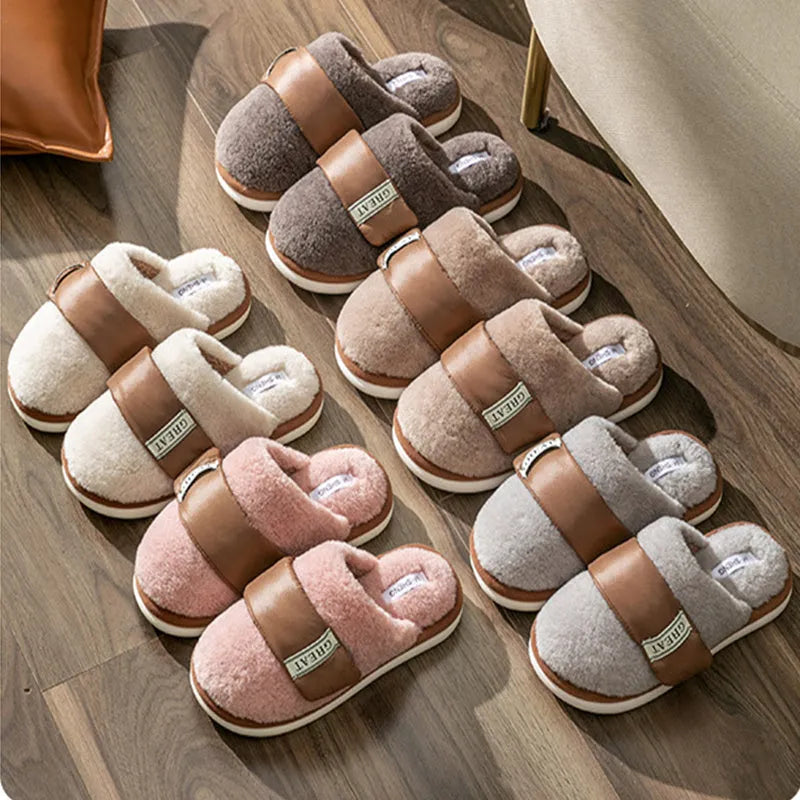 Women's furry slippers with Velcro closure, plush upper, and anti-slip PVC sole in beige