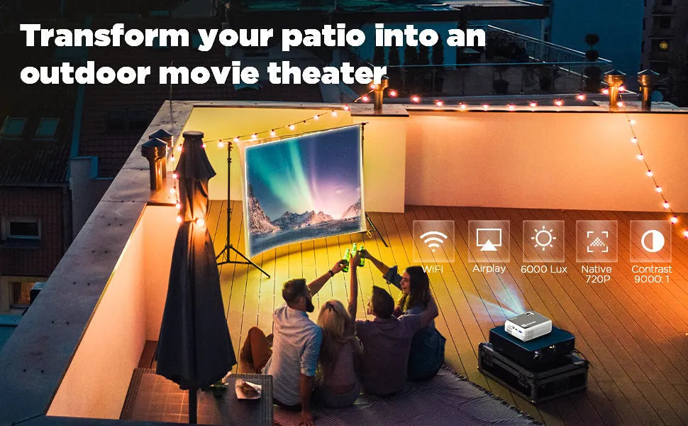 Black home projector with glass lens, 720p resolution, 3900 lumens brightness, 50-230 inch screen, UK plug