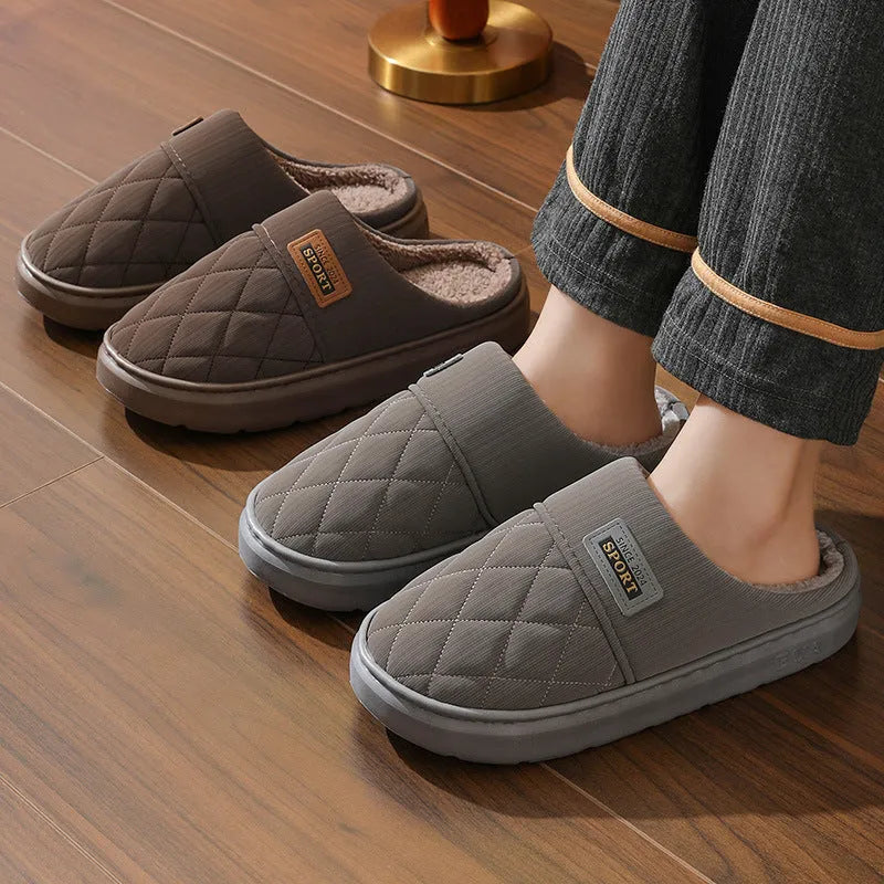 Men's winter home slippers with plush lining, EVA sole, polyester upper, in coffee, grey, or navy blue.