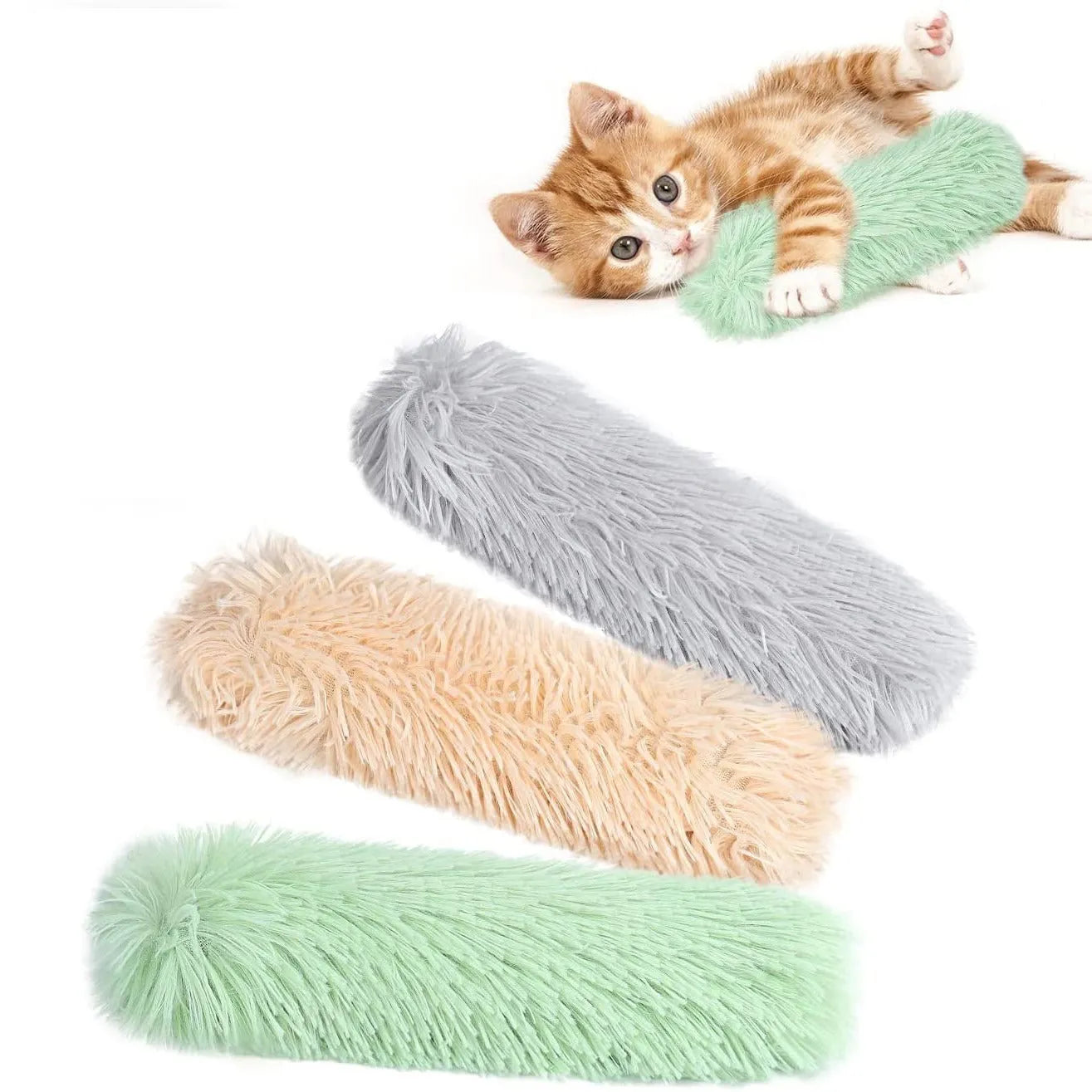 Plush cat toy pillow in blue, green, pink, and white colours, shown at 27cm by 10cm size