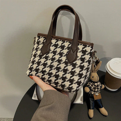 Stylish houndstooth shoulder bags in various colors, featuring a spacious square shape, adjustable strap, and classic checkerboard pattern.