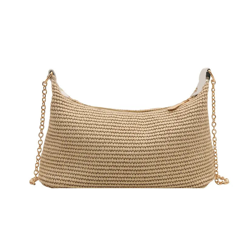 Horizontal square straw woven beach tote bag with sandwich pocket and internal phone compartment