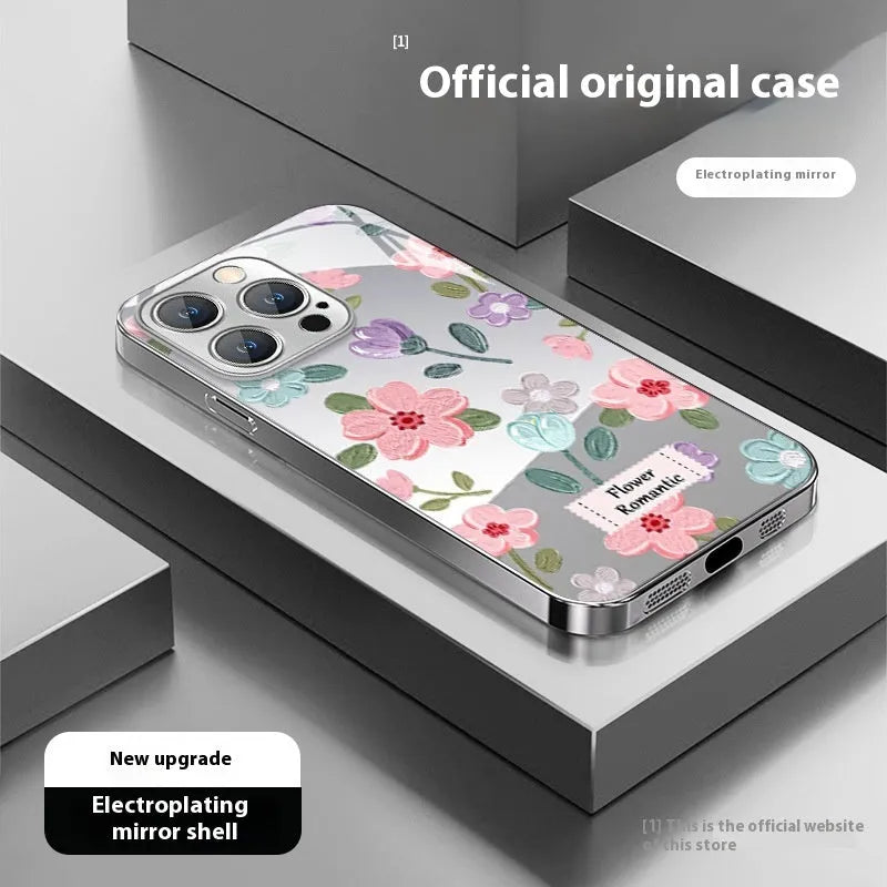 Ins oil painting flower mirror phone case for iPhone, silver grey electroplated glass anti-fall cover