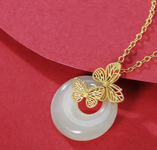 Chinese Hetian jade necklace with 925 sterling silver butterfly peace buckle pendant on cross chain
