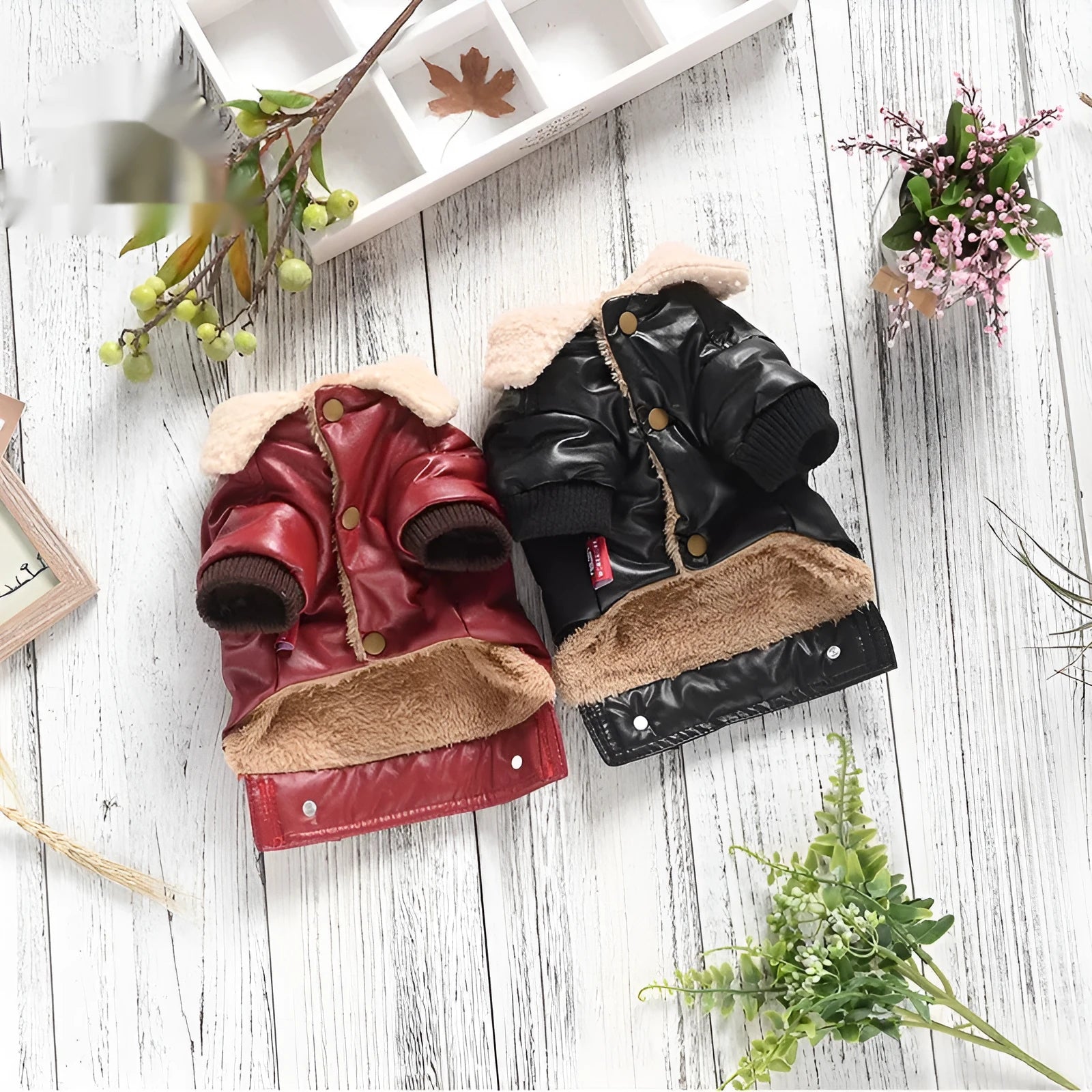 Red British-style PU leather dog coat with fleece lining for autumn and winter warmth on miniature pet