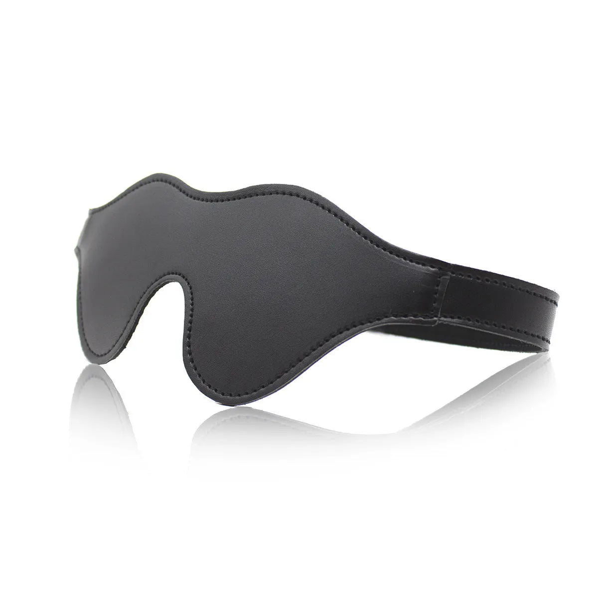 Women's black leather velcro eye mask blindfold showing three-dimensional shape and metal hardware.