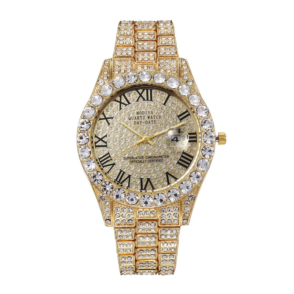 Quartz wrist watch with full diamond surface dial, Roman scale, and steel case in silver or gold colours