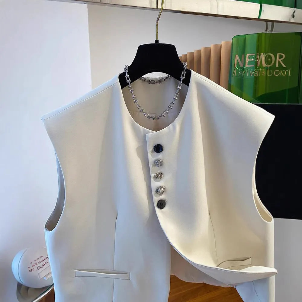 Beige loose-fitting polyester waistcoat dress with a pocket, shown on a hanger