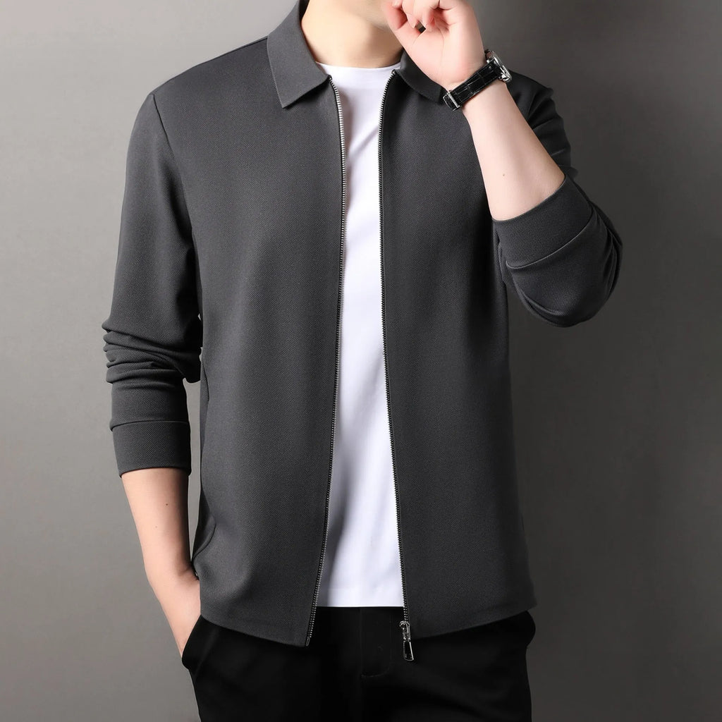Men's apricot polyester business casual jacket with long sleeves and straight hem.