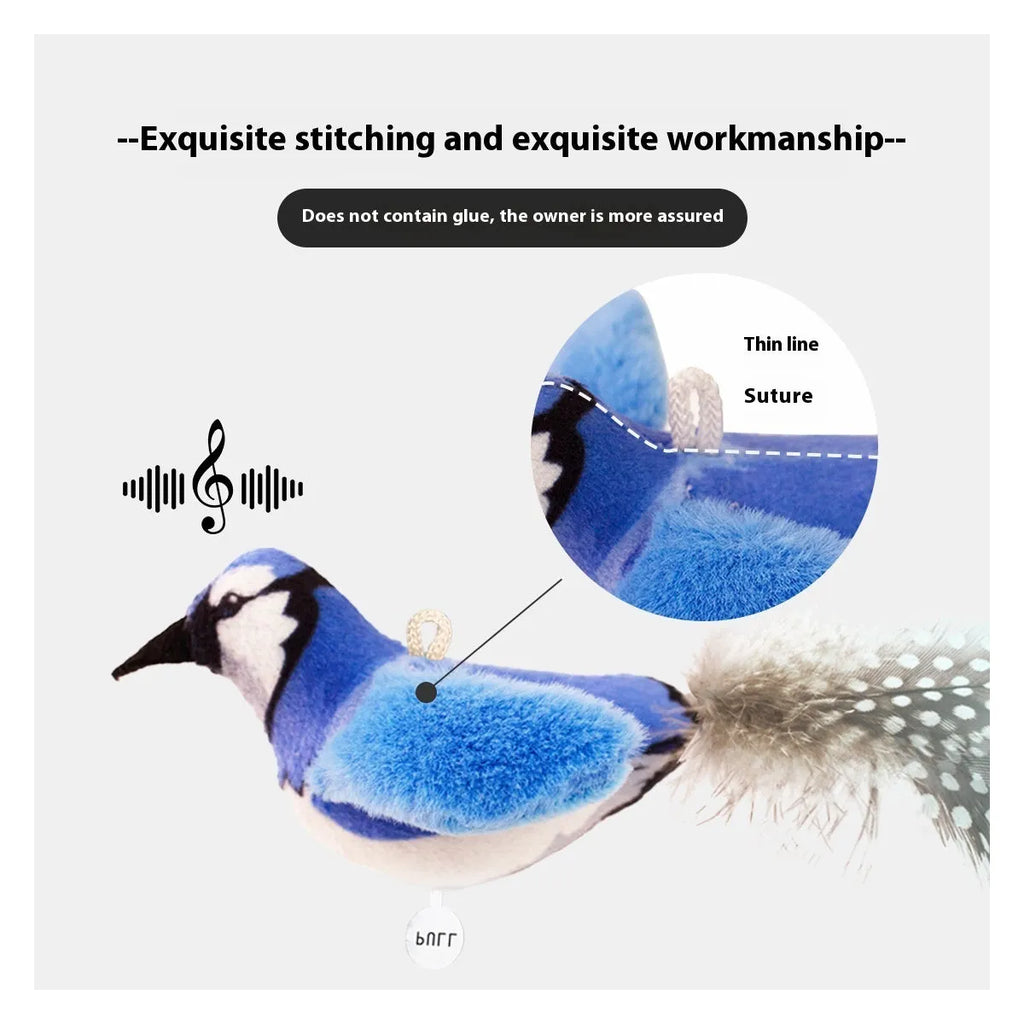 Bird simulation plush cat toy in colourful bird, sparrow, blue kingfisher and yellow bird colours from 2024 summer collection