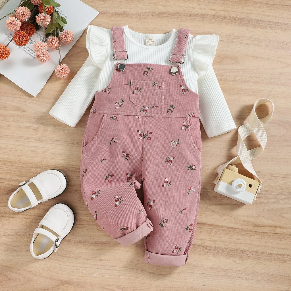 Girls long-sleeved printed cotton blouse and corduroy suspender trousers suit in pink