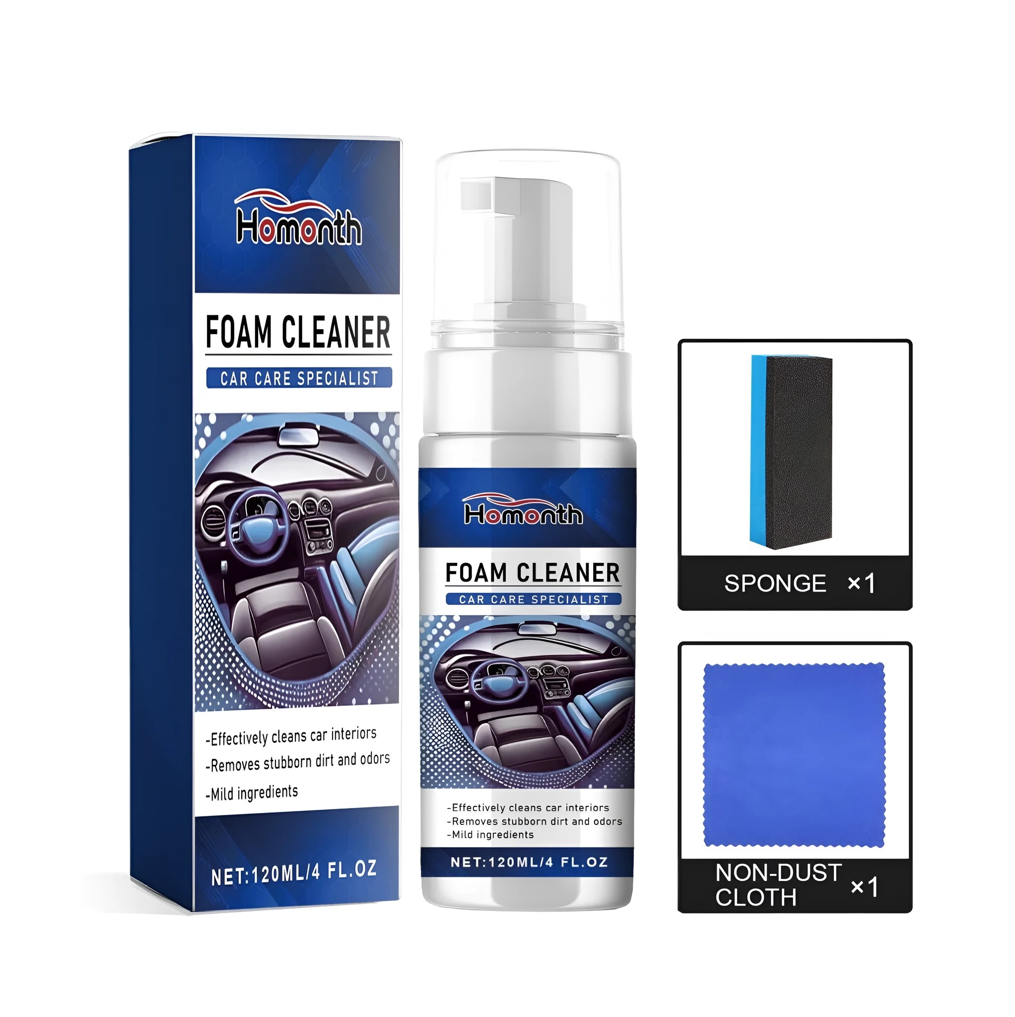Fast car interior cleaning kit with 120ml bottle, sponge, and microfiber cloth.