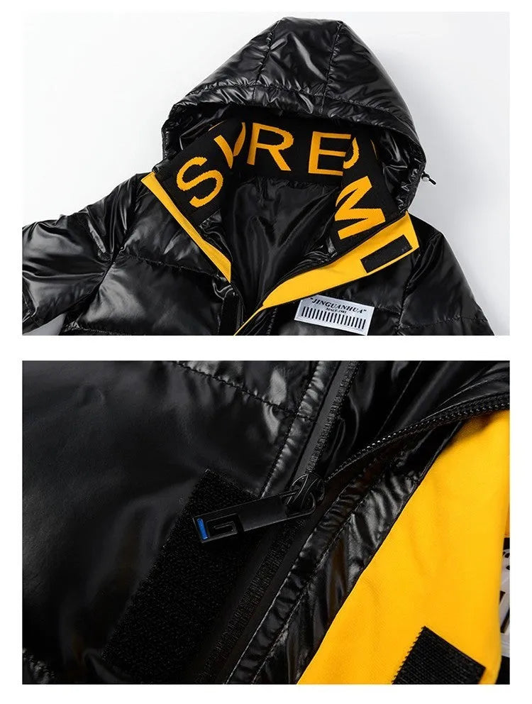 Men's black padded jacket with zip front and zippered pockets on solid background