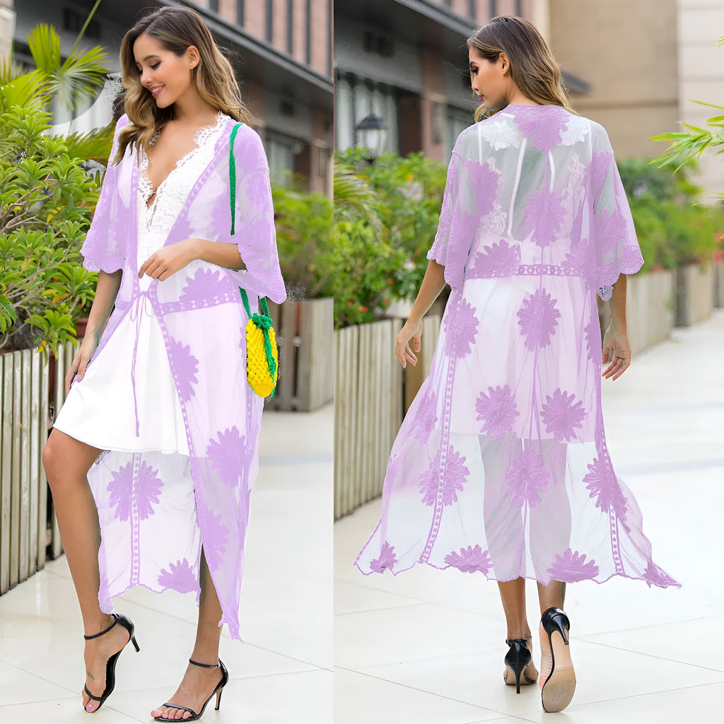 Light purple lace embroidery beach cover-up dress with a polyester and cotton blend construction.