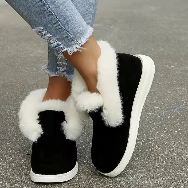 Cozy winter ankle boots for women with plush faux fur lining and suede upper in black, grey, and brown colors