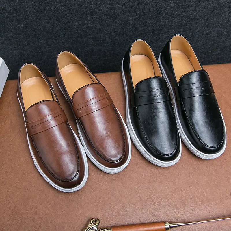 Plus size men's board shoes in black with round toe, flat heel, and artificial PU upper