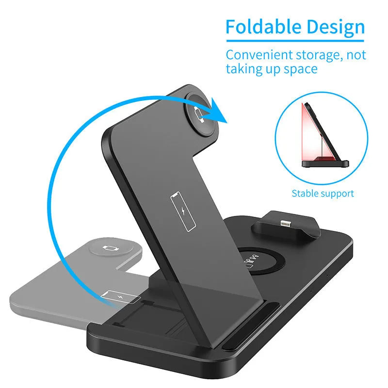18W folding vertical 4-in-1 wireless charger in black or white, 200x145x22mm, 207g, plastic body