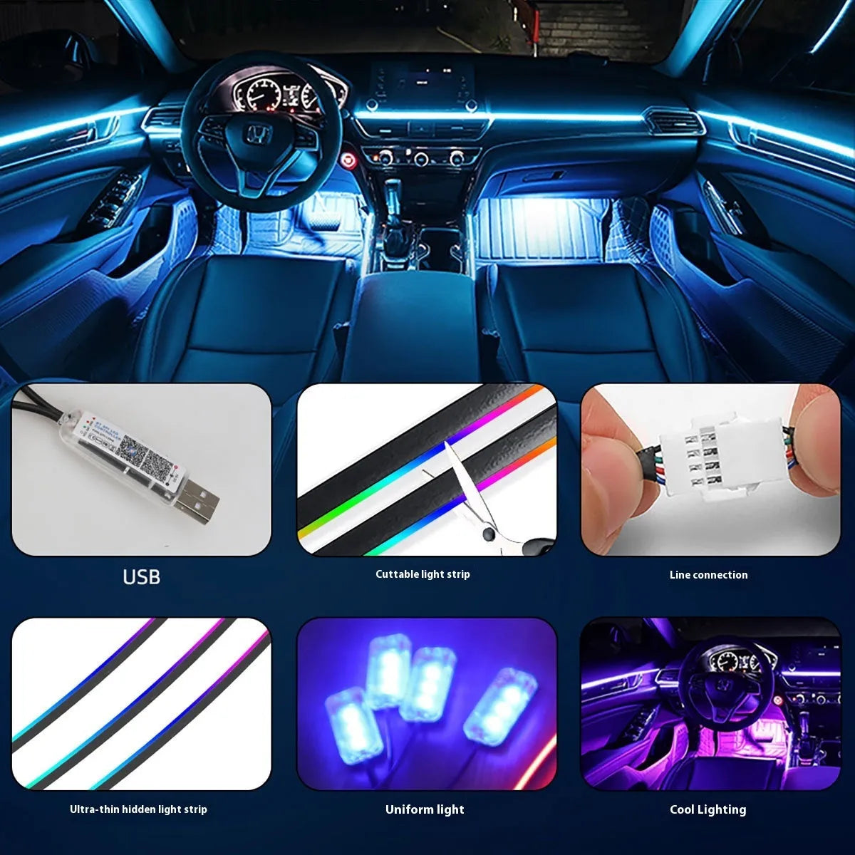 Magic Color car interior central control LED ambience light modification with remote control and app.