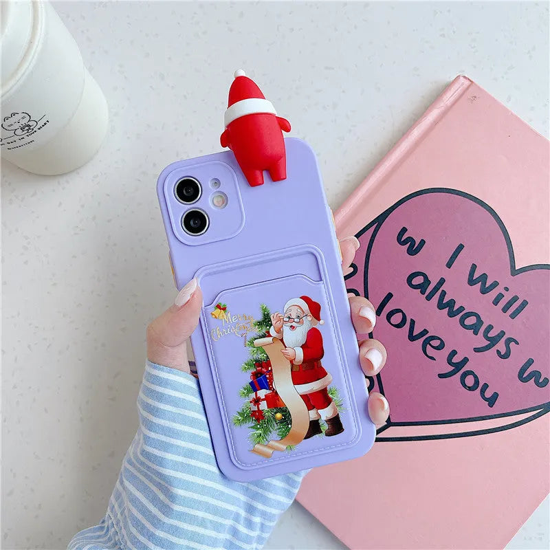 Christmas silicone iPhone case with card bag in black, purple, green or white for listed iPhone models