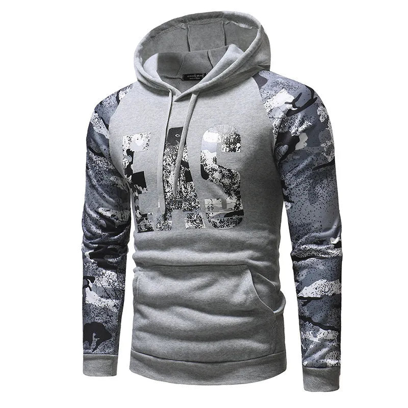 Men's long sleeve camouflage print hooded sweatshirt in black, light grey, or dark grey with raglan sleeves, sizes M to XXL